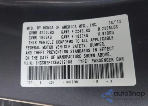 2014 Honda Accord Lx из США, поврежденный, VIN 1HGCR2F3XEA012188